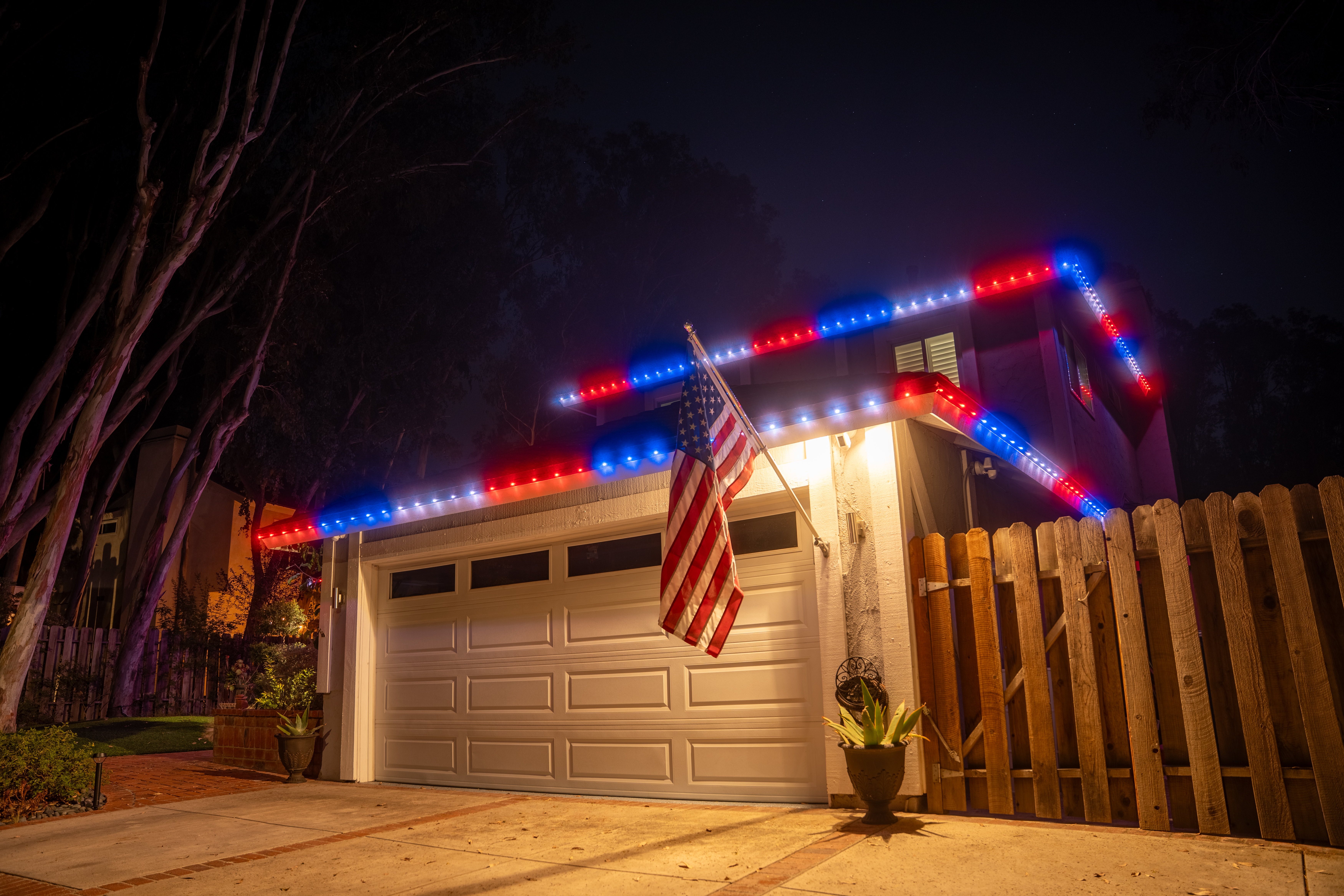 Residential permanent lighting installation at night